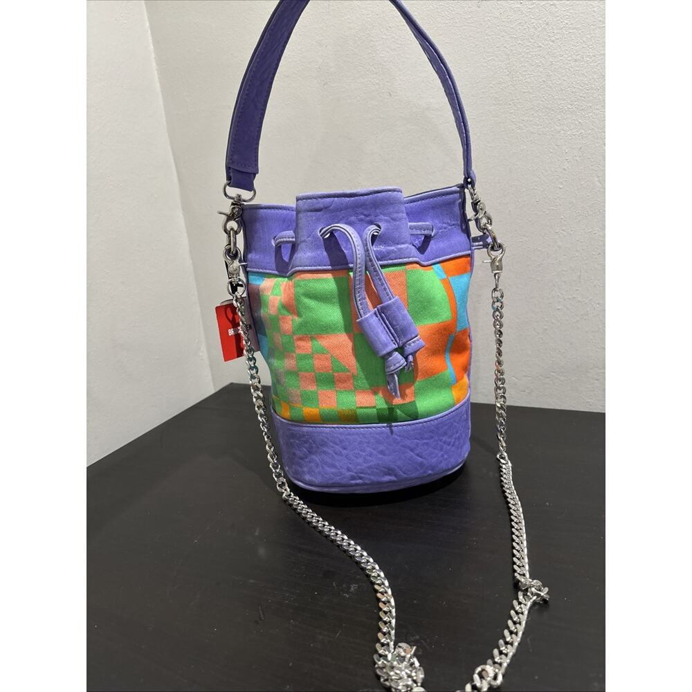 BRUCEGLEN Psych Check Leather Grenade Bucket Bag w/ Top Handle & Chain Strap NEW